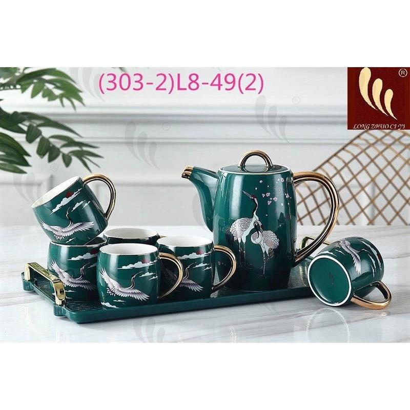 Bộ ấm chén kèm khay sứ viền vàng dùng pha trà họa tiết chim