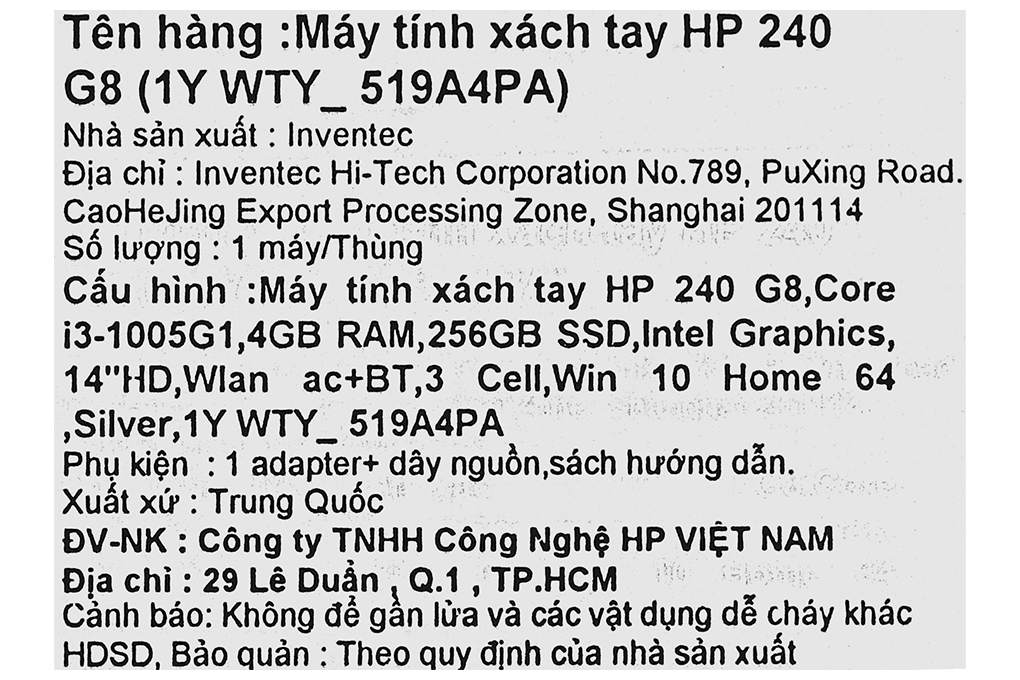 Laptop HP 240 G8 i3 1005G1/4GB/256GB/14&quot;/Win10/(519A4PA)/Bạc - Hàng chính hãng