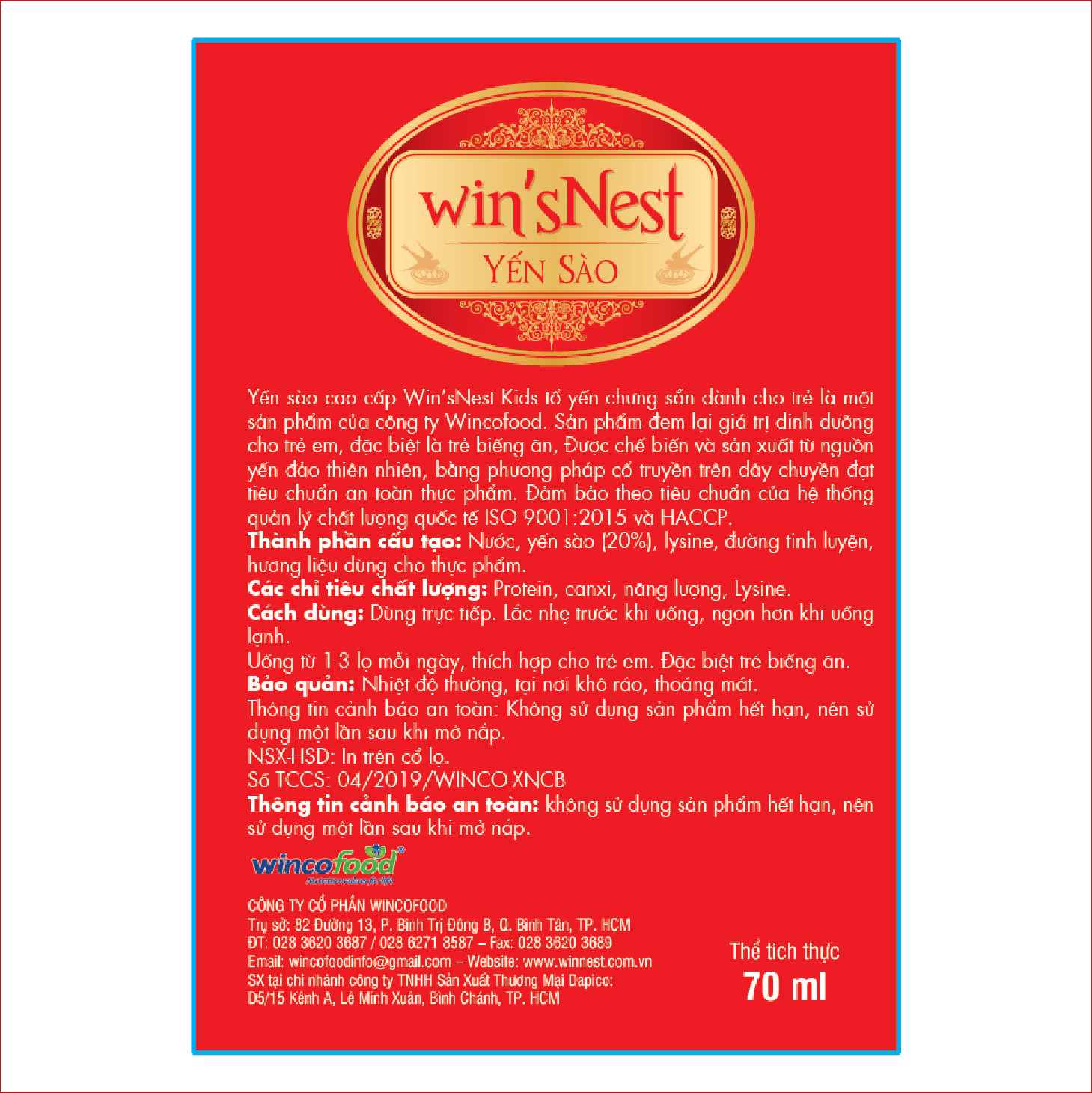 Thùng 72 lọ Yến Sào Win'snest Kids Tổ Yến Chưng Sẵn Dành Cho Trẻ 20% (70 Ml/ Lọ)