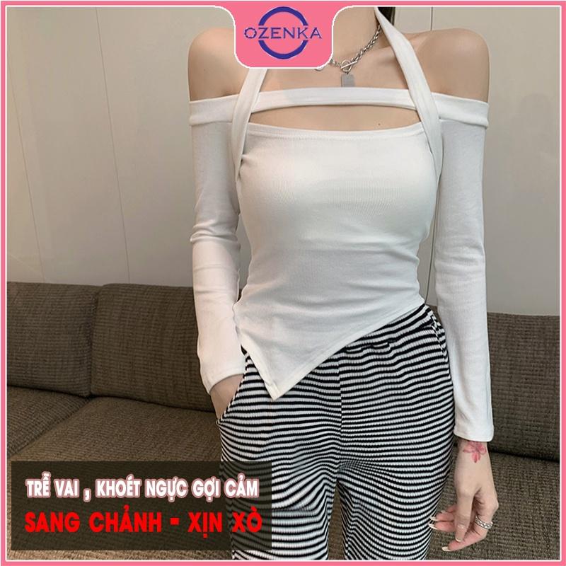 Áo croptop tay dài trễ vai ôm body , áo bẹt vai crt len tăm 100% cotton đẹp đen trắng free sze dưới 52 kg