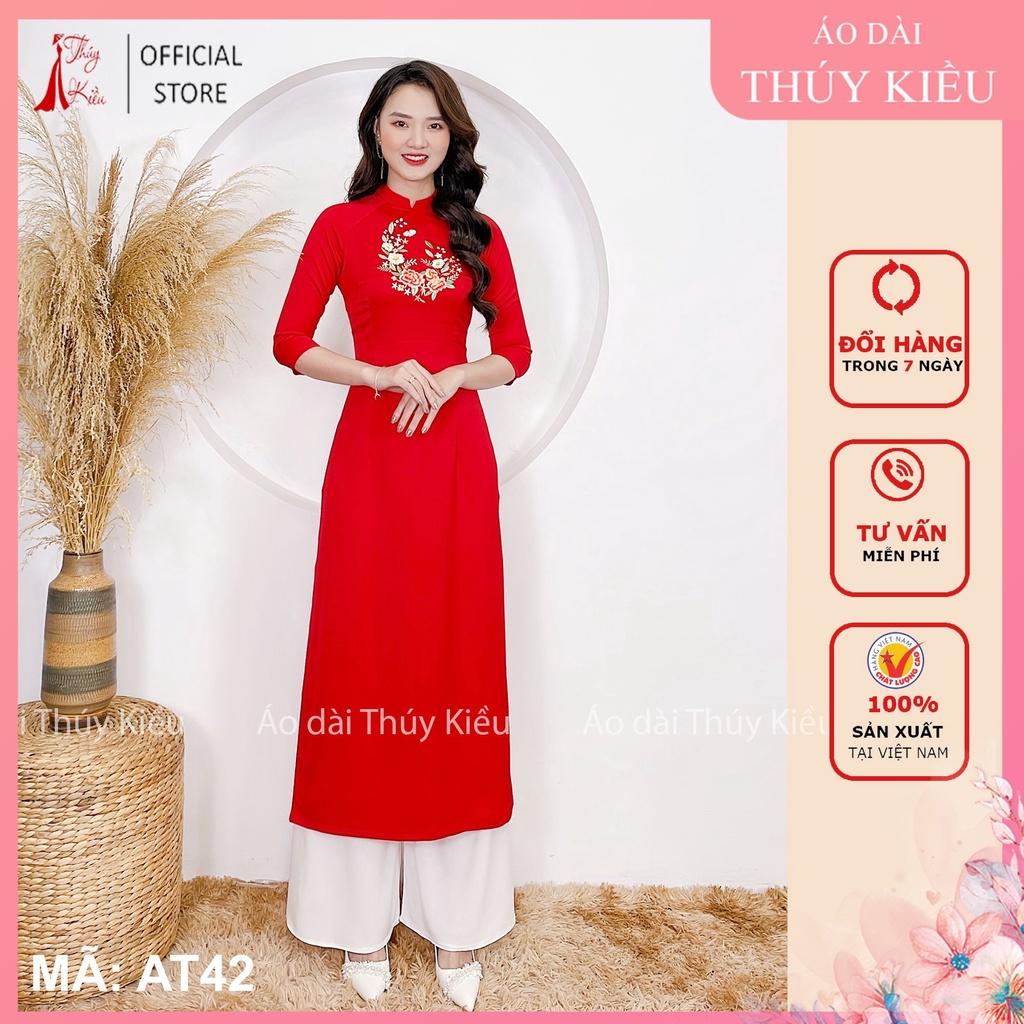 Áo dài tết cách tân thiết kế nữ may sẵn đẹp nền đỏ thêu hoa AT42 Thúy Kiều mềm mại co giãn