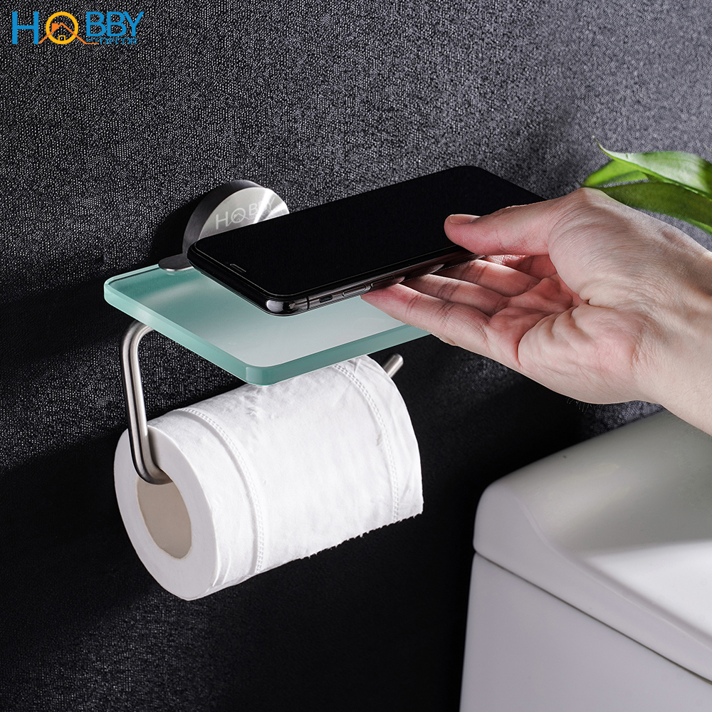 Kệ để giấy vệ sinh có mái che HOBBY Home Decor G16 - mái che thủy tinh - chất liệu Inox 304 không rỉ - gắn âm tường