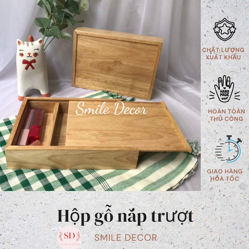 Hộp gỗ đựng trang sức, mỹ phẩm Smile Decor nắp trượt – Wooden slide box