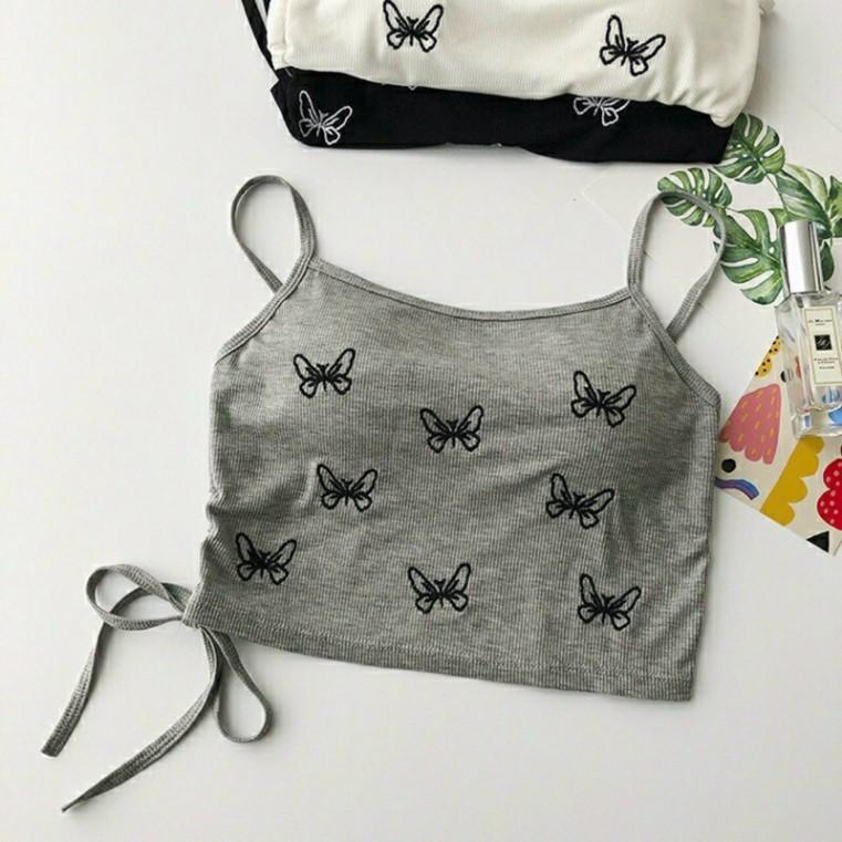 Áo bra 2 dây dáng croptop dây rút sườn hoạ tiết hình bướm có 3 màu đen, ghi, trắng coco land - chất bền