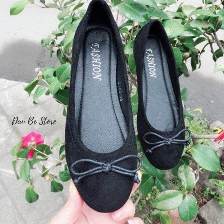 Giày Nhung Búp Bê Nữ Đế Bằng Dây Nơ Trơn Siêu Xinh Phong Cách Đơn Giản - DAUBE - G010