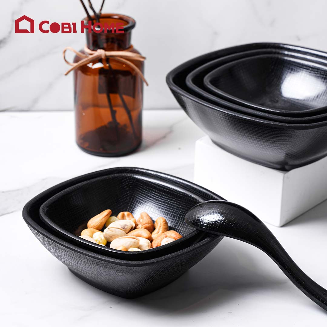 Tô, chén, bát hình vuông bằng melamine cao cấp màu đen - 2 size