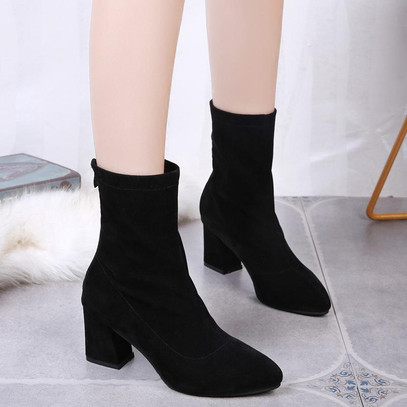 Giày Nữ Mũi Nhọn Ngắn Giày Cao Gót Stovepipe Gót Dày Co Giãn Tất Giày Giày Bốt Martin Nữ Dây Kéo Sau Lưng