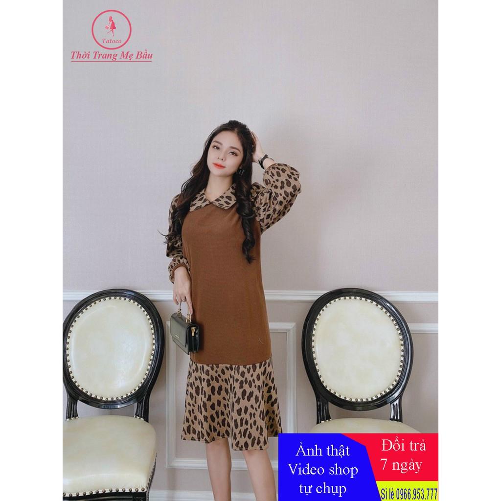 Váy bầu có cổ phối tay da beo 3 màu max xinh 50 -75kg