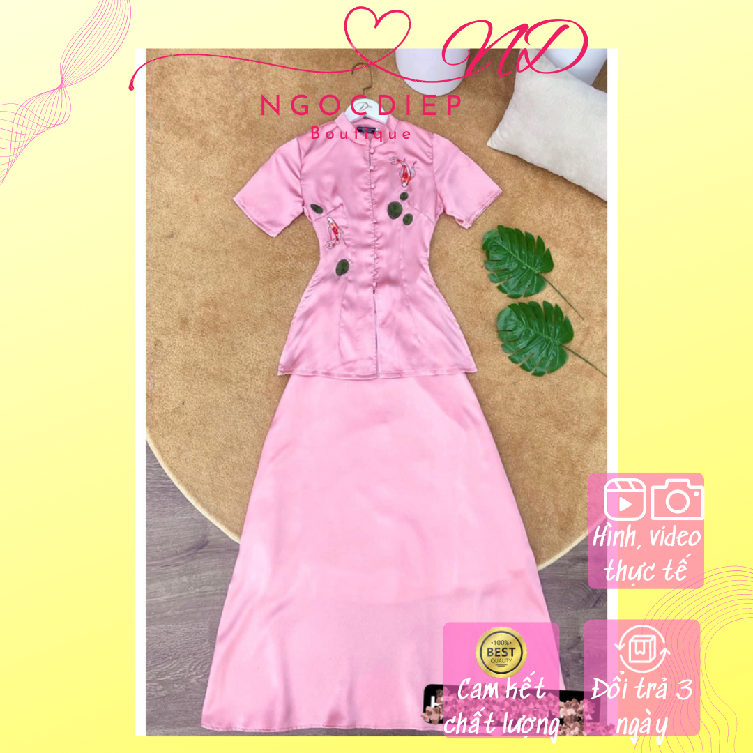 Set Lam Hồng Áo Cá Thêu Chân váy dài xoè