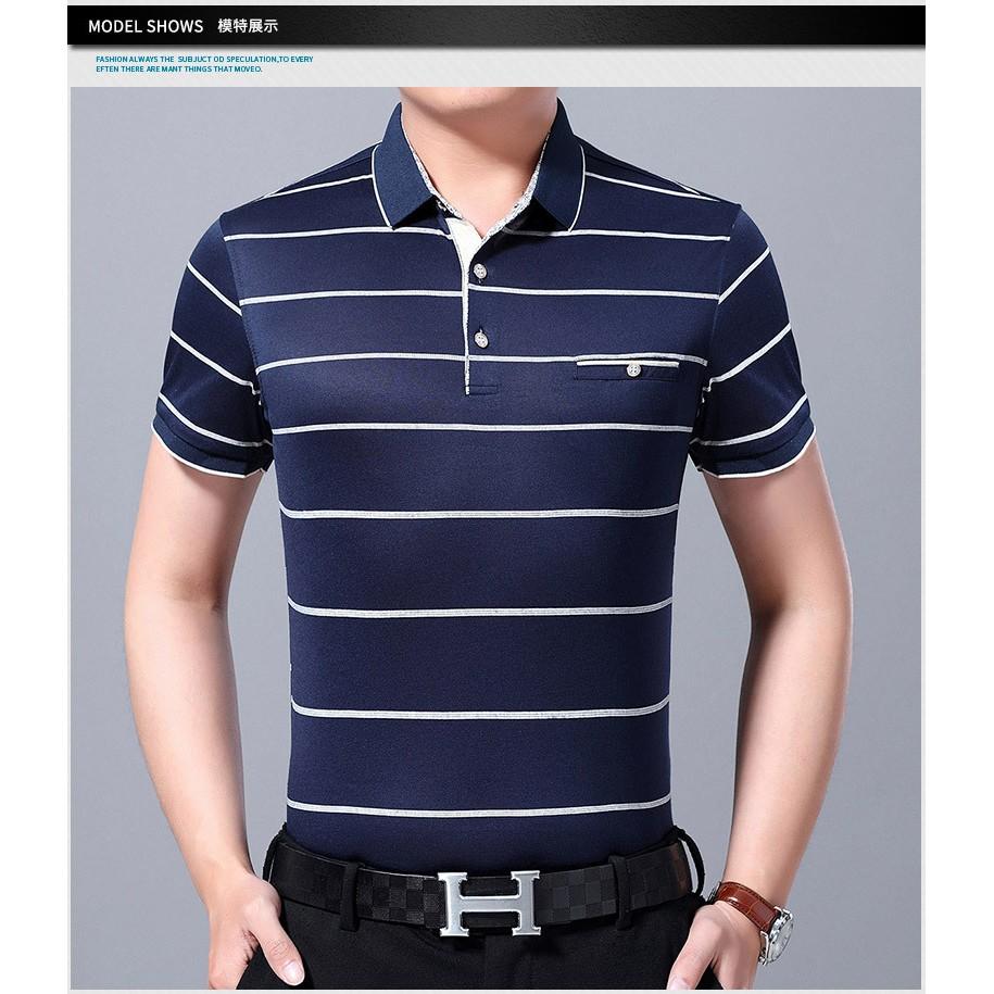 Áo Thun Nam Có Cổ Phối Sọc Ngang Thời Trang