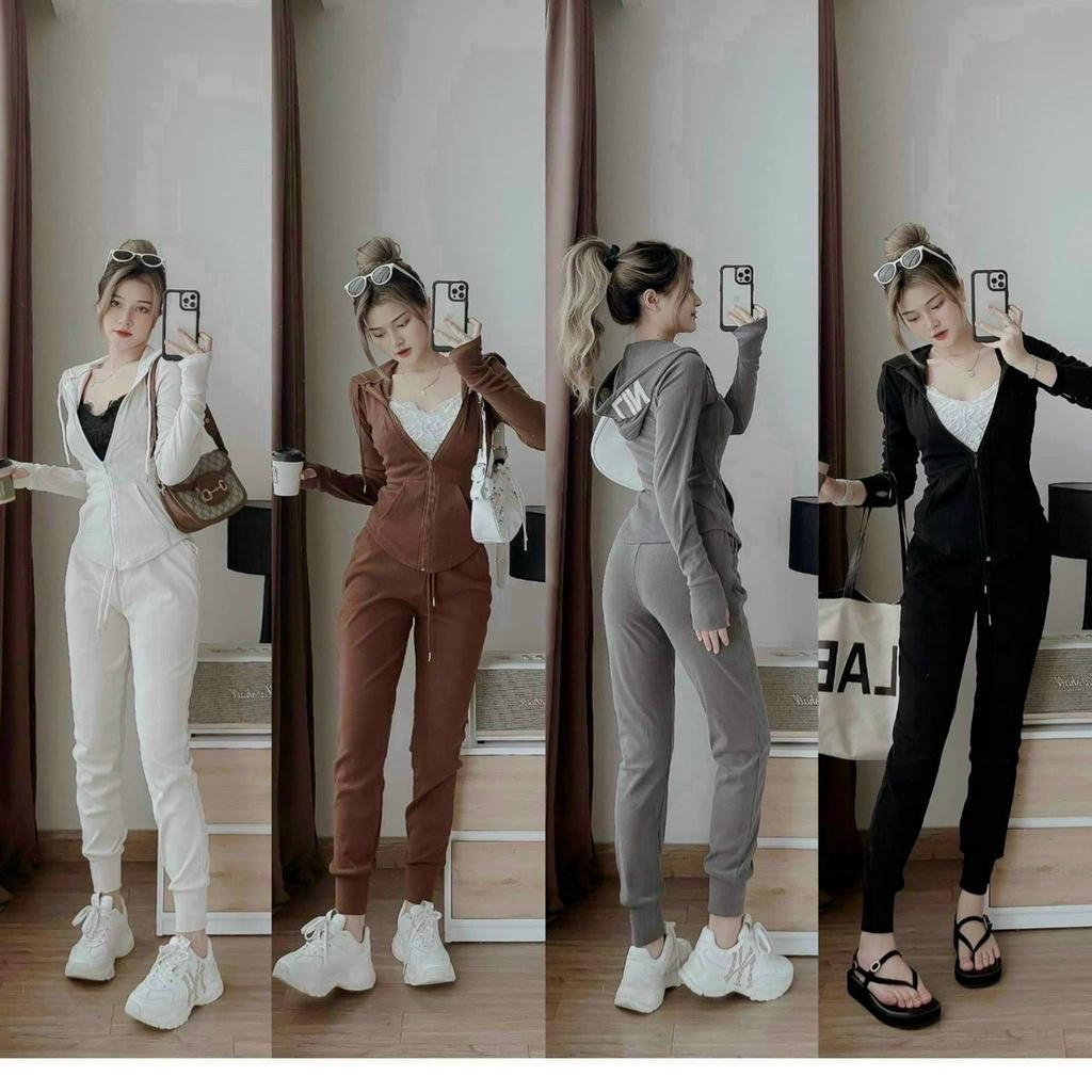 FREESHIP Sét bộ nữ chất thun gân tay dày có mũ kéo khóa nhiều màu phối quần duyên dáng của năm KDS654 BKIM