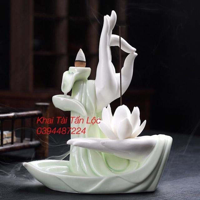 Thác khói trầm tay Phật hoa sen gốm có đế đèn led tặng 10 nụ trầm sạch