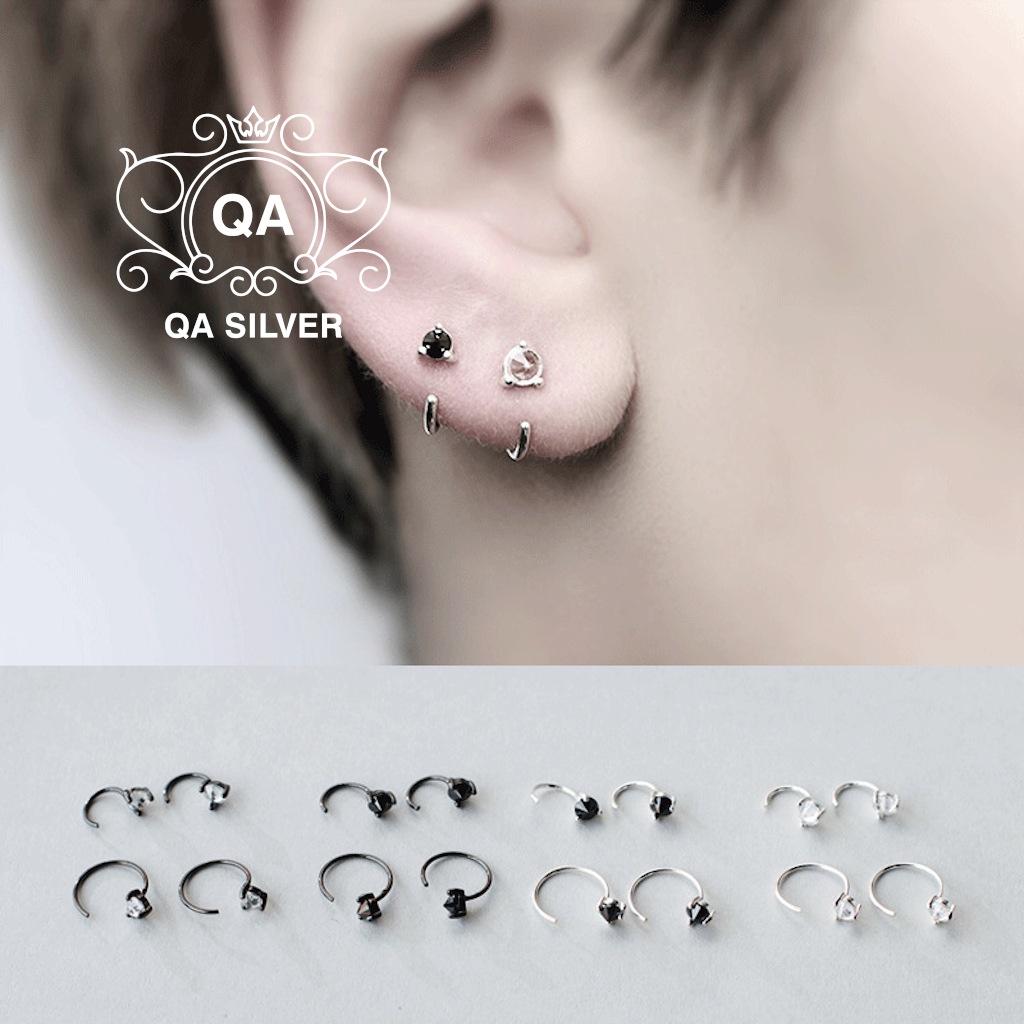 Khuyên tai bạc 925 nam nữ bông móc chữ C đính đá 3 chấu đen trắng S925 EARCUFF Silver Earrings QA SILVER EA180405