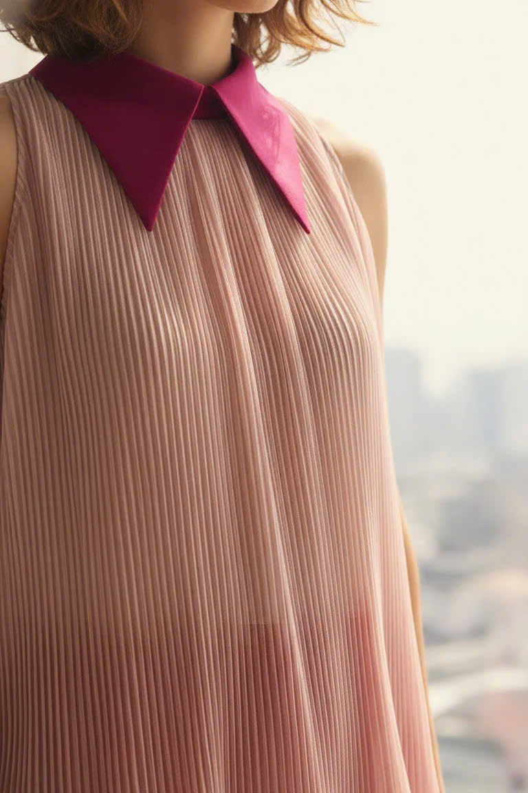 Áo Sơ Mi Vai Yếm Dập Ly, Áo Sát Nách Cổ Sơ Mi Hồng thời trang thiết kế Hity TOP246