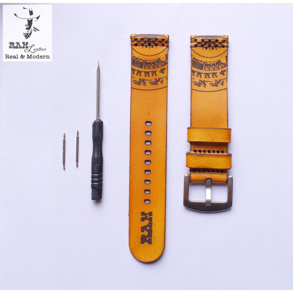 Dây đồng hồ trống đồng simple da bò vegtan thảo mộc Ý bền chắc nhuộm thủ công màu vàng - RAM Leather