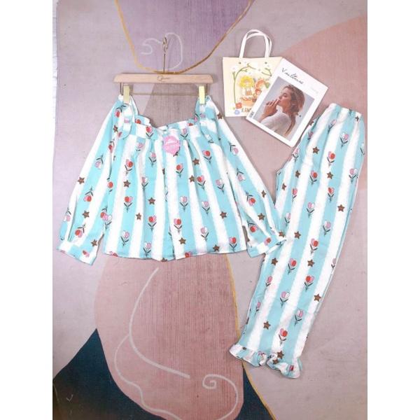 Đồ Bộ Pyjama tiểu thư, lụa Mango L1 dơi nơ, bèo, quần dài, cổ vuông, 40-60kg