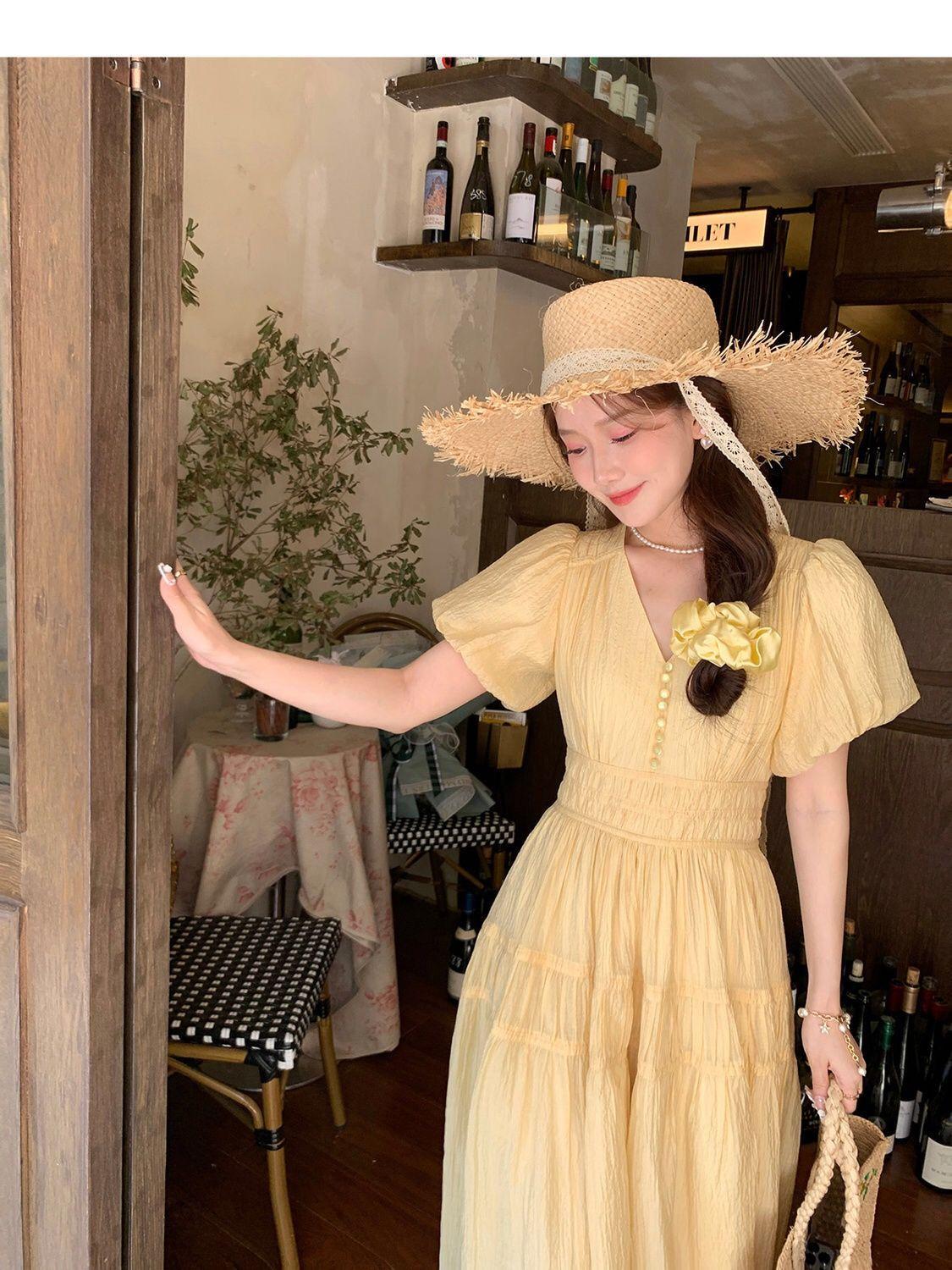 TOBE1SHOP DbyDoi Pháp Vintage dịu dàng gió hiển thị gầy v-cổ tiên nghỉ mát gió váy đầm đầm dài cho trẻ em mùa hè
