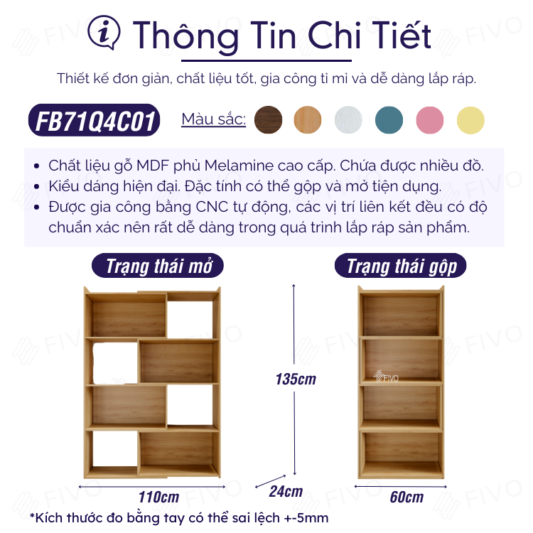 Kệ Sách Gỗ Để Sàn FIVO FB71, Với Tính Năng 2IN1 Đóng Mở Tùy Thích, Nhiều Ngăn Chứa Đồ Rộng Rãi - 4 Tầng