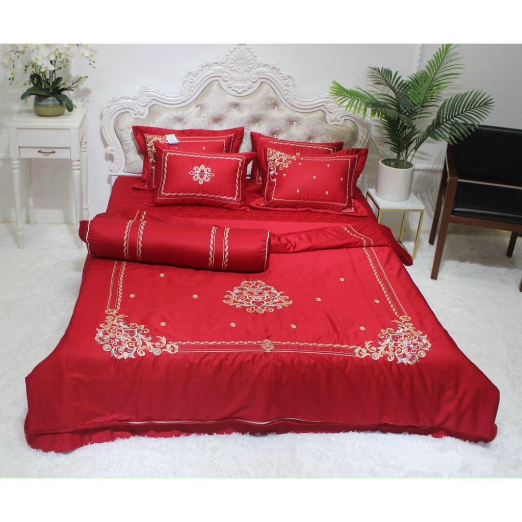 Set Chăn Ga Cotton Lụa Thêu 7 Món cao Cấp Cho Mùa Cưới