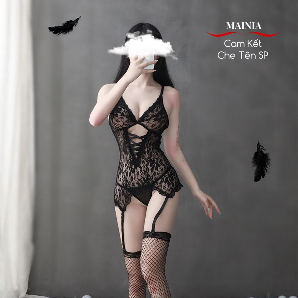 Bộ Đồ Ngủ Ren Lọt Khe Hở Đáy Xuyên Thấu Sexy Gợi Cảm Màu Đen Mainia Shop