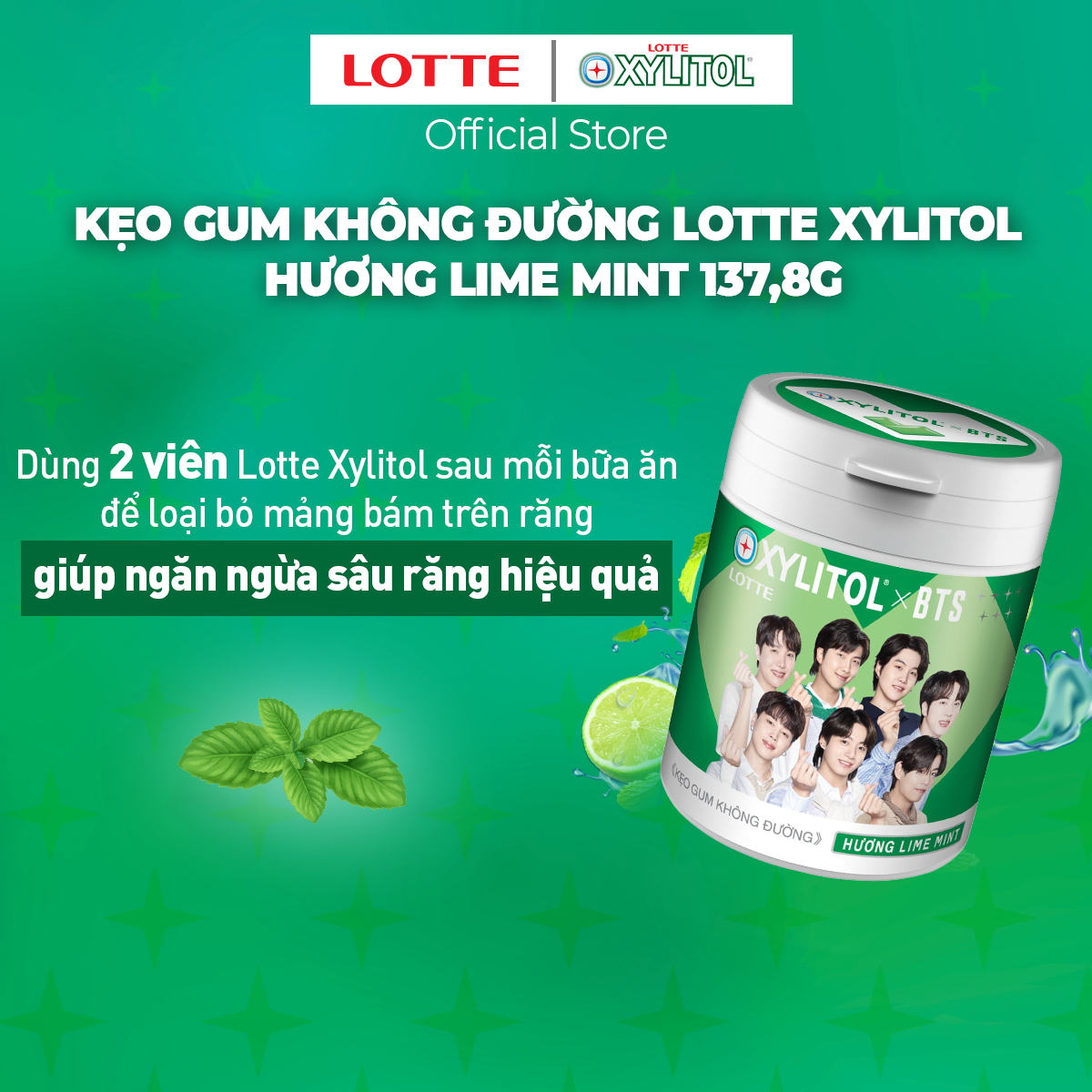 Kẹo Gum không đường Lotte Xylitol - Hương Lime Mint 130,5 g