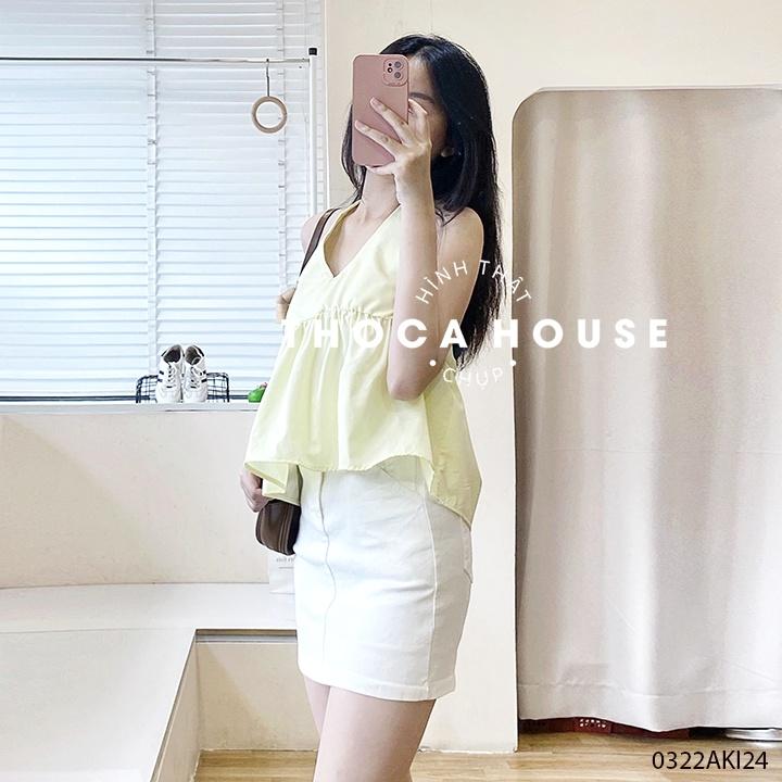 Áo 2 dây cổ yếm cột nơ màu trơn, caro THOCA HOUSE hồng, vàng, trắng, xanh hot trend thời thượng