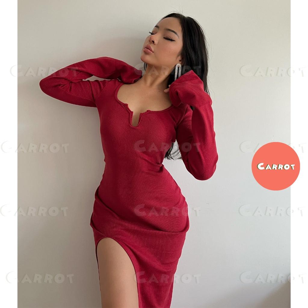 Đầm body tay dài đỏ đi tiệc sang chảnh tôn dáng khoét ngực sexy freesize chất co gĩan carrotxinhdep