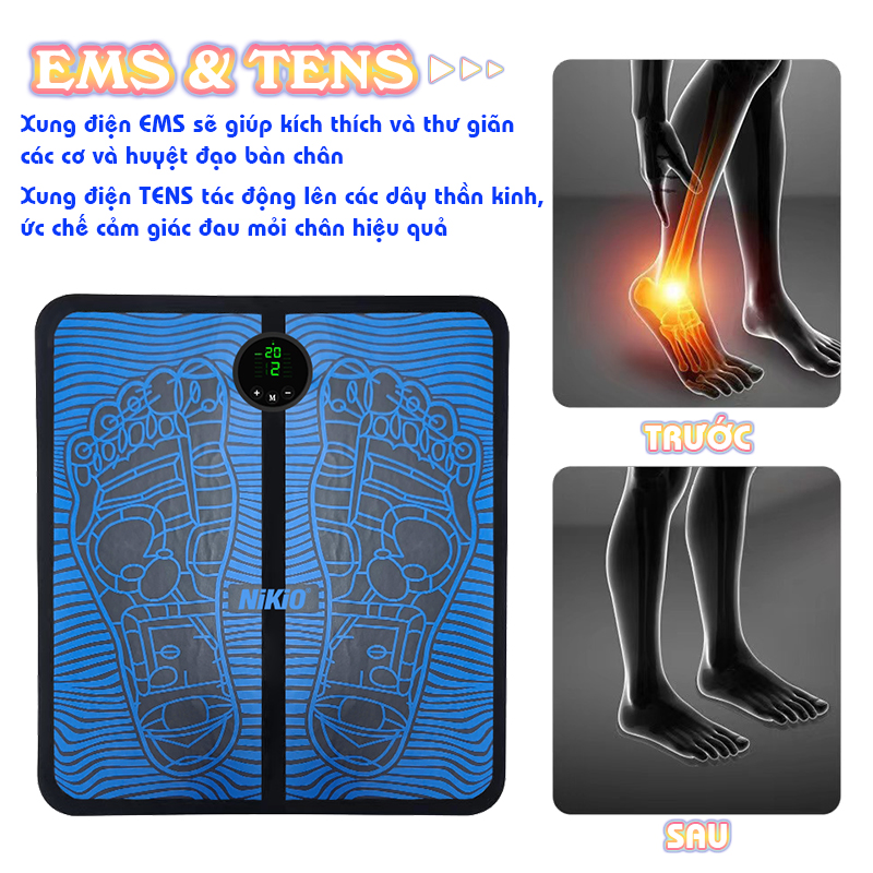 Thảm massage bàn chân xung điện Nikio NK-106 có 12 chế độ, 19 cường độ matxa, thúc đẩy lưu thông máu, giảm tê bì và đau mỏi chân hiệu quả