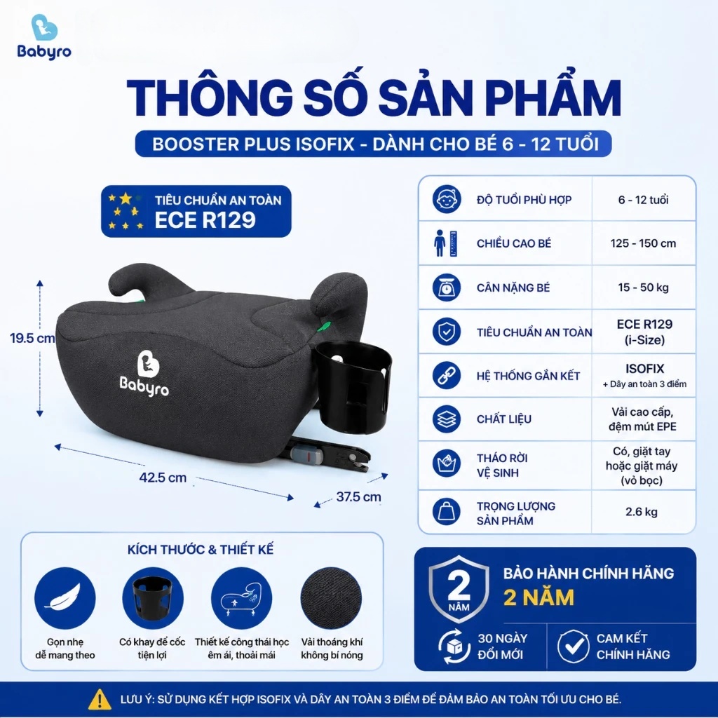 Ghế ngồi ô tô cho trẻ em Babyro Booster Plus(Có isofix), ghế nâng chiều cao cho bé 6 - 12 tuổi, tiêu chuẩn R129 - Hàng chính hãng