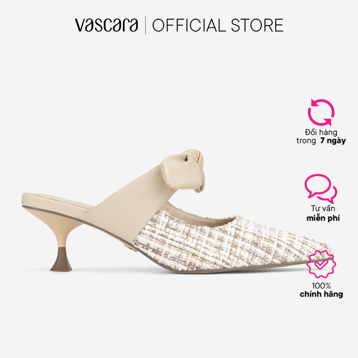 Vascara Guốc Mules Phối Vải Tweed Quai Thắt Nơ - GNN 0219