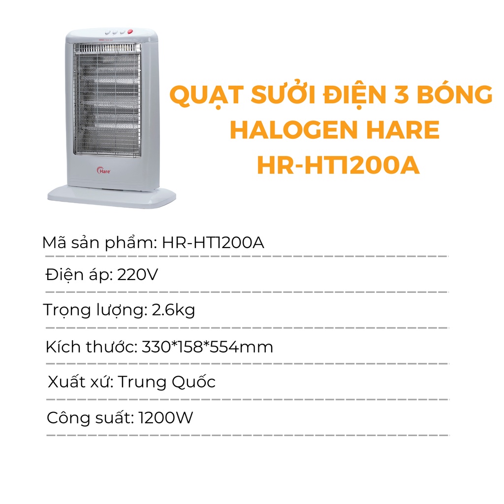 Quạt sưởi điện hai bóng Halogen HR-HT1200A -hàng chính hãng thương hiệu Hare - bảo hành 18 tháng