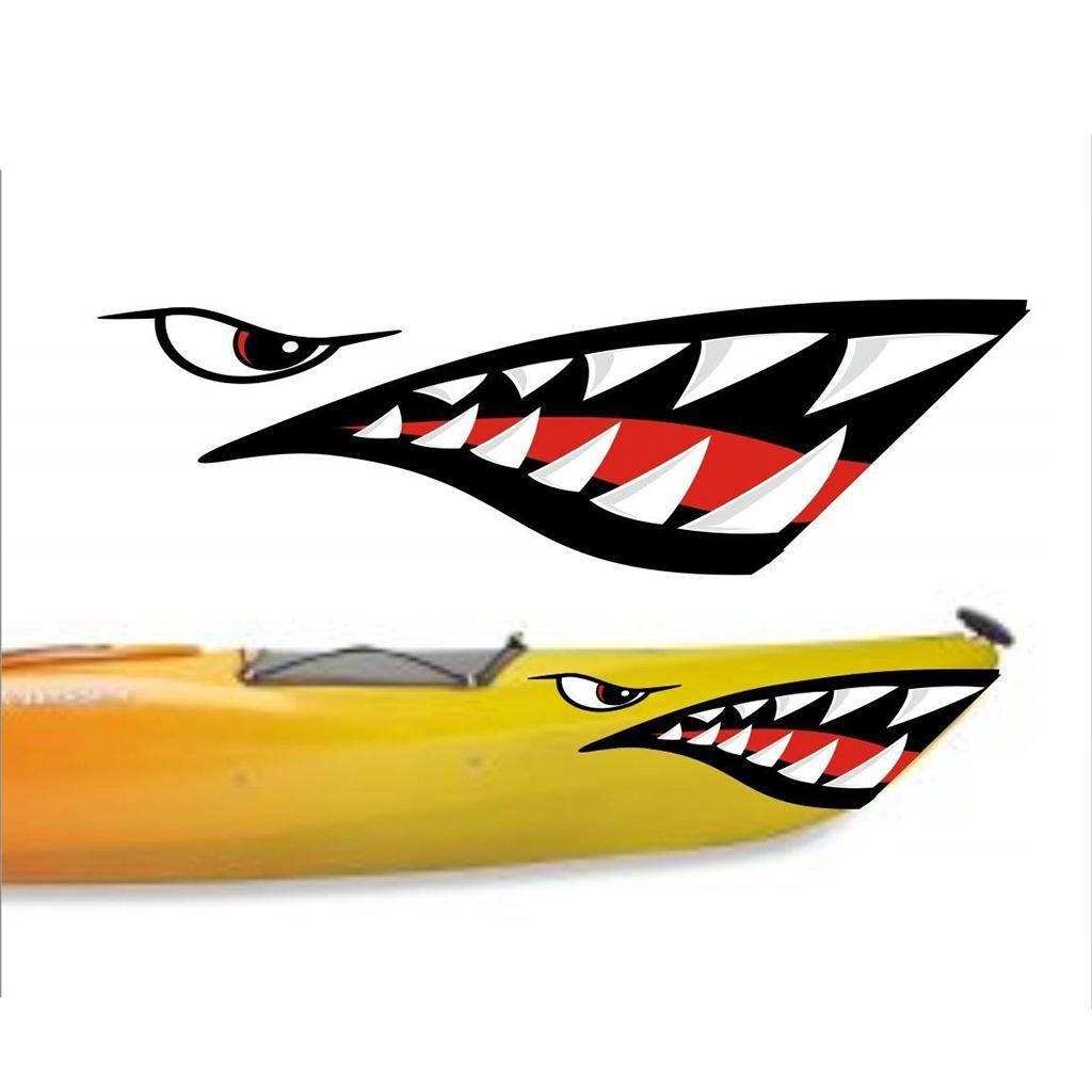 2 Pieces Vinyl Shark Decals + 2 Pieces Shark Teeth Mouth Stickers Kayak Boat Motorcycle Car Bumper Graphics