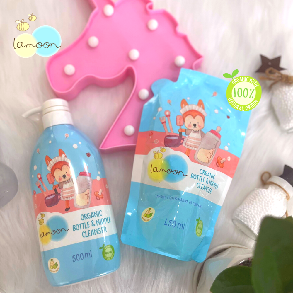 COMBO Nước rửa bình sữa Organic an toàn cho bé Lamoon dạng Bình 500ml + Túi refll 450ml