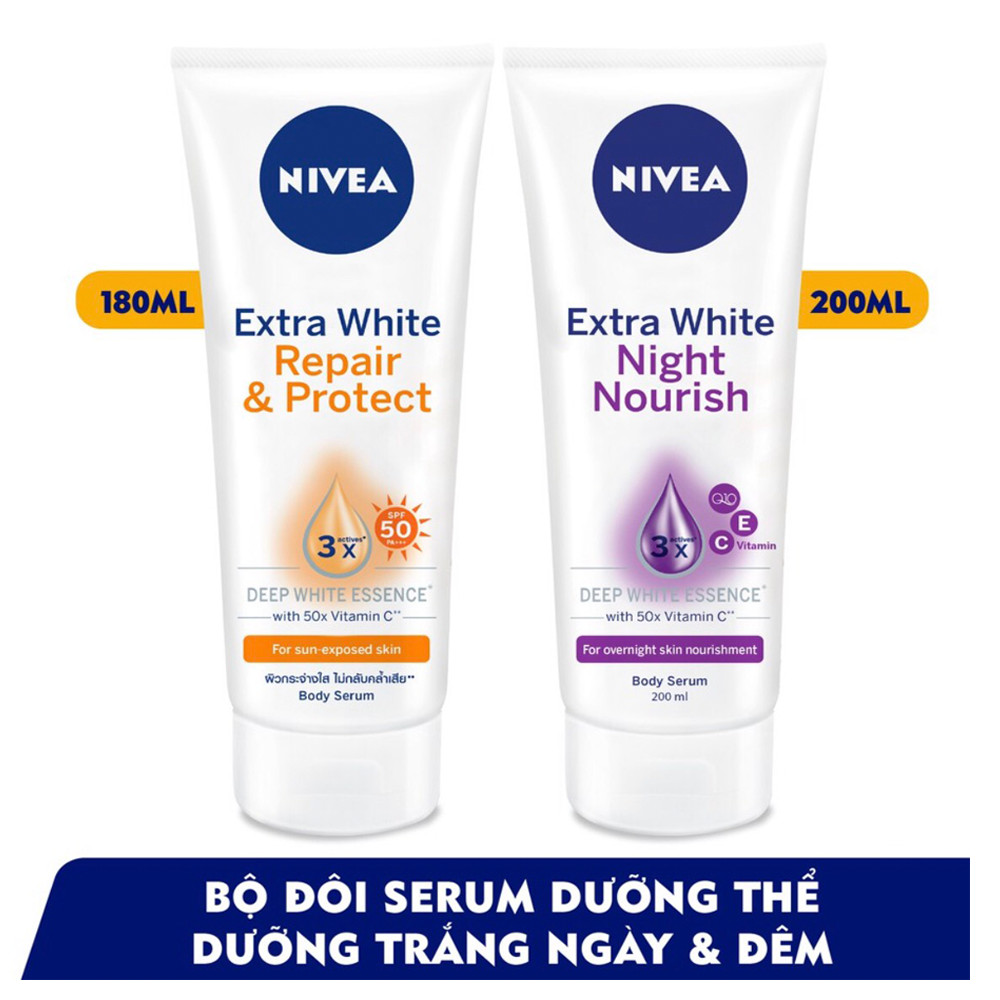 Bộ đôi Serum dưỡng thể NIVEA dưỡng trắng chống nắng, phục hồi Ban ngày 180ml & Ban đêm 200ml