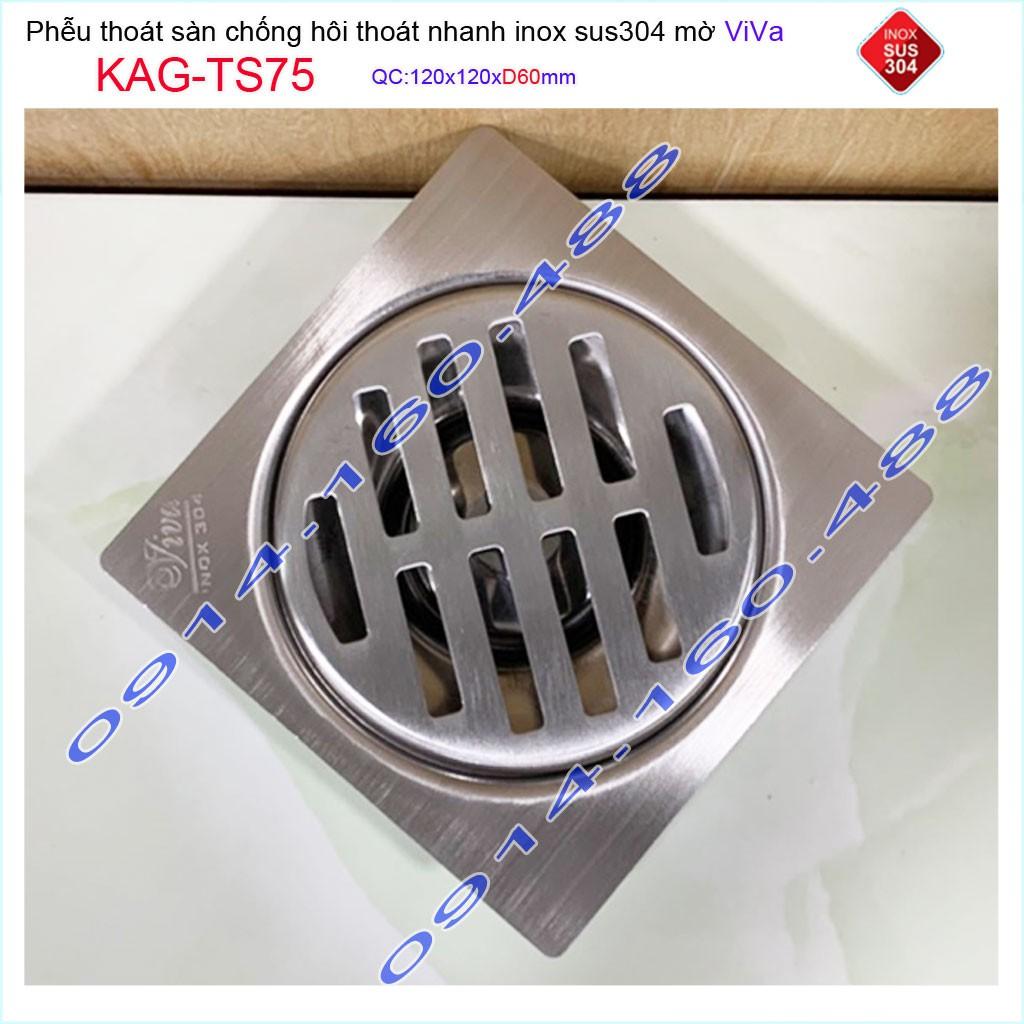 Phễu thoát sàn Viva KAG-TS75 12x12cm D60, phễu thoát sàn SUS304 đúc liền khối sales 40%, hố ga chống hôi inox 304 dày 1.