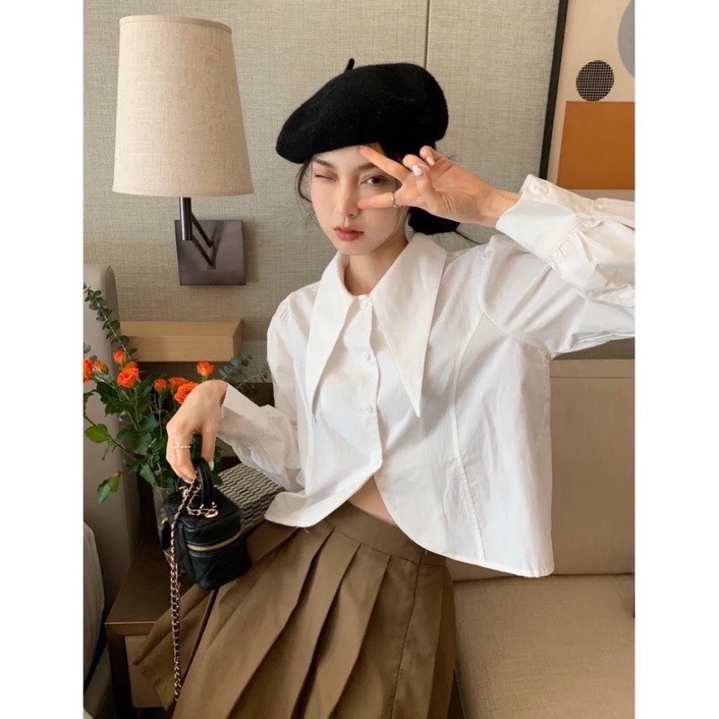Áo Sơ Mi Croptop Cổ Sen Chất Kaki Thô Không Nóng