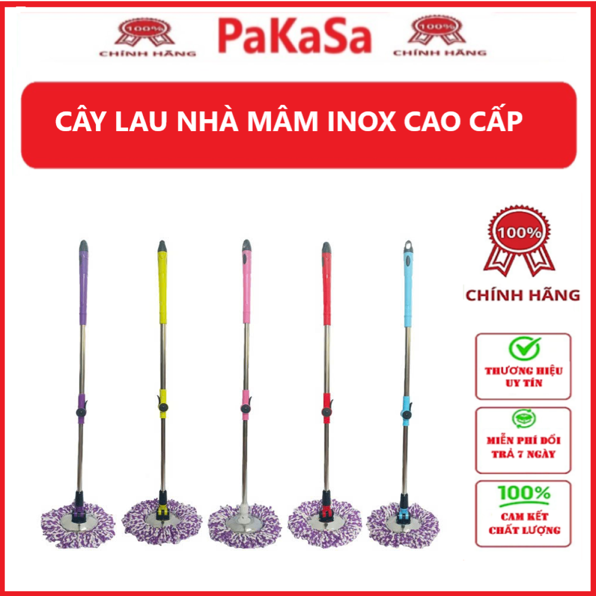 Cây Lau Nhà Tròn Xoay 360 Độ Mâm Inox Tặng Kèm Bông Lau PaKaSa - Giao màu ngẫu nhiên