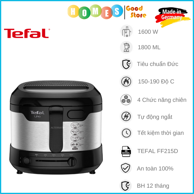 Nồi Chiên Ngập Dầu TEFAL Uno FF215D, Sản Xuất Tại Pháp, 4 Chế Độ Nhiệt, Dung Tích 1.8L, Công Suất 1600W - Hàng Nhập Khẩu Đức