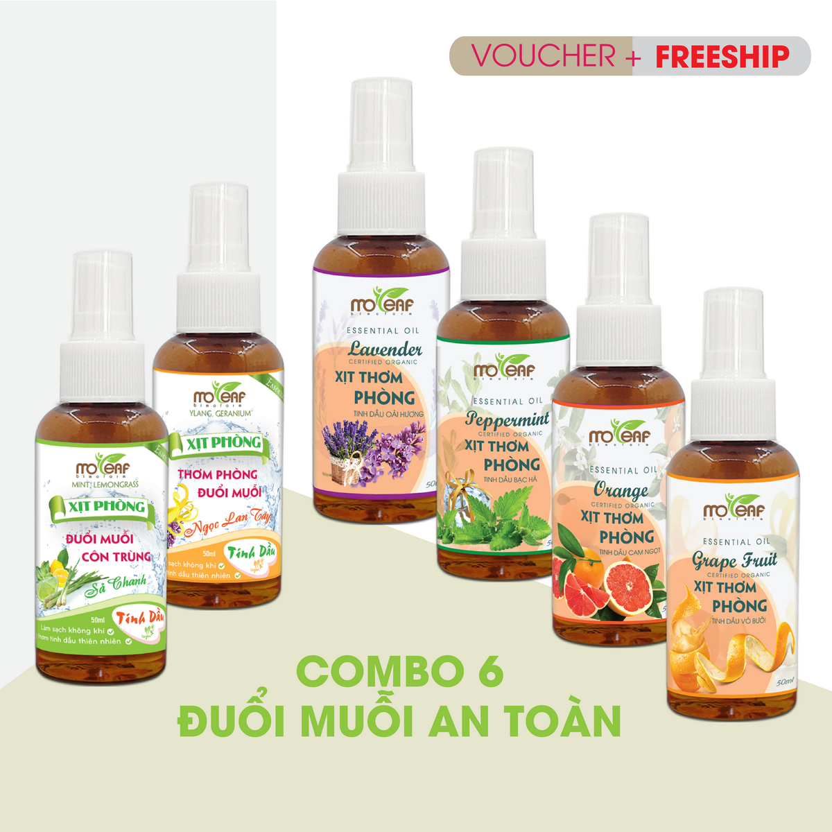 [COMBO 6 CHAI 50ml] XỊT THƠM PHÒNG ĐUỔI MUỖI Côn Trùng Tinh Dầu Sả Chanh, Bạc Hà, Ngọc Lan Tây, Lavender, Cam Ngọt, Vỏ Bưởi thơm mát, lọc không khí, thư giãn tinh thần, giảm stress, diệt khuẩn