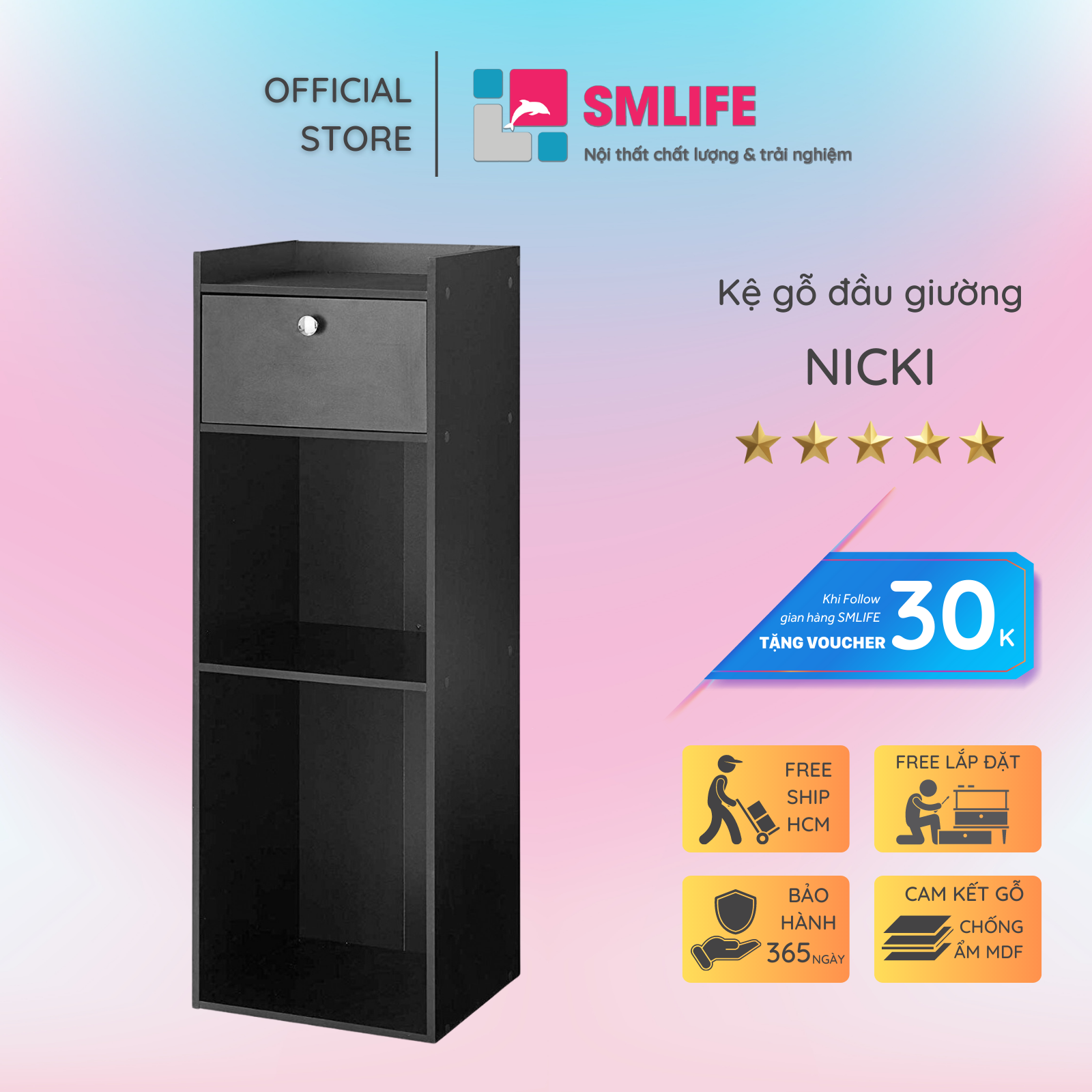 Tủ gỗ đầu giường hiện đại SMLIFE Nicki | Gỗ MDF dày 17mm chống ẩm | D38xR35xC110cm