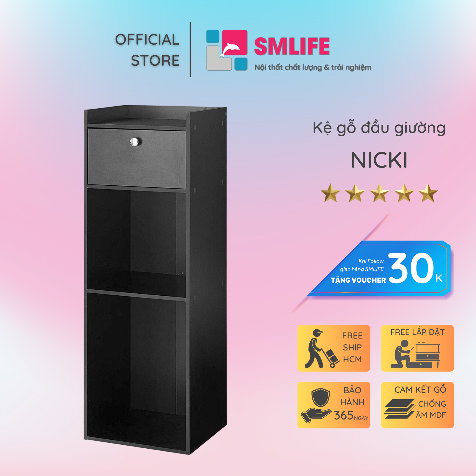 Tủ gỗ đầu giường hiện đại SMLIFE Nicki  | Gỗ MDF dày 17mm chống ẩm | D38xR35xC110cm