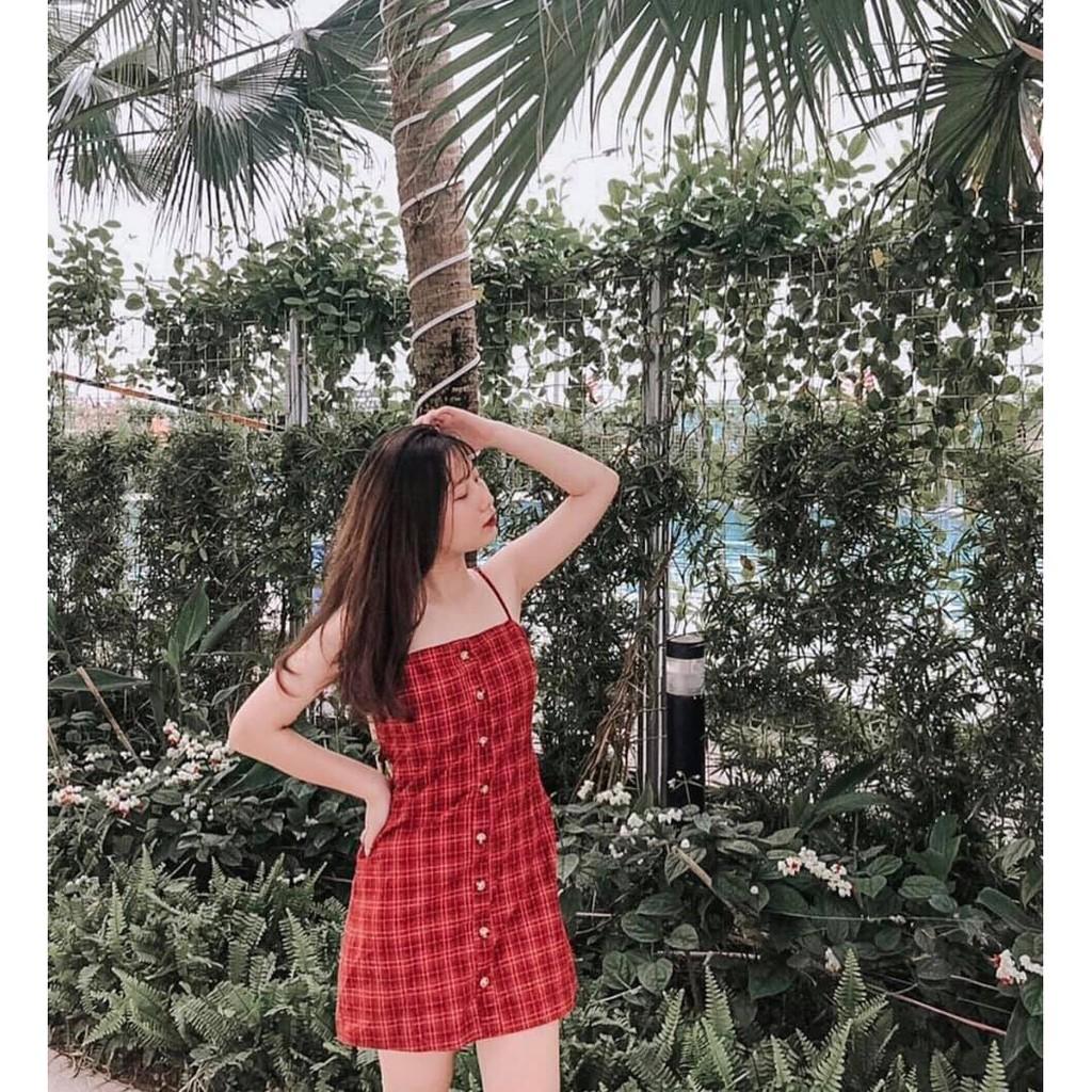 Đầm 2 dây kẻ đỏ thắt nơ sau đi chơi ,đi biển siêu xinh - Váy hai dây kẻ cá tính