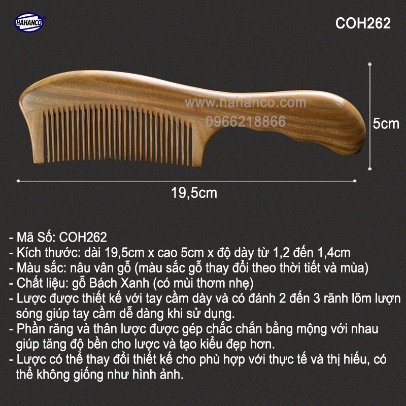 Lược gỗ Bách Xanh chuôi lượn sóng kiểu dáng Châu Âu (Size: XL-19,5cm) COH262 - mùi thơm dễ chịu, chải tóc suôn và mềm mại