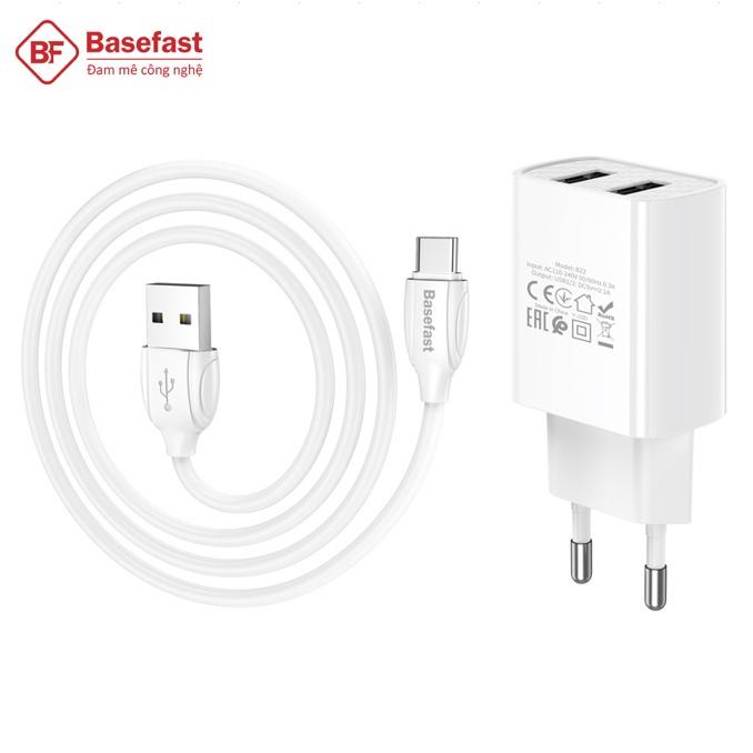 Bộ Sạc Nhanh 2 Cổng USB và Type C Chính Hãng BASEFAST B22a - Combo Củ Kèm Cáp Sạc 2.1A Cho Samsung, Xiaomi, Oppo... - Hàng Chính Hãng