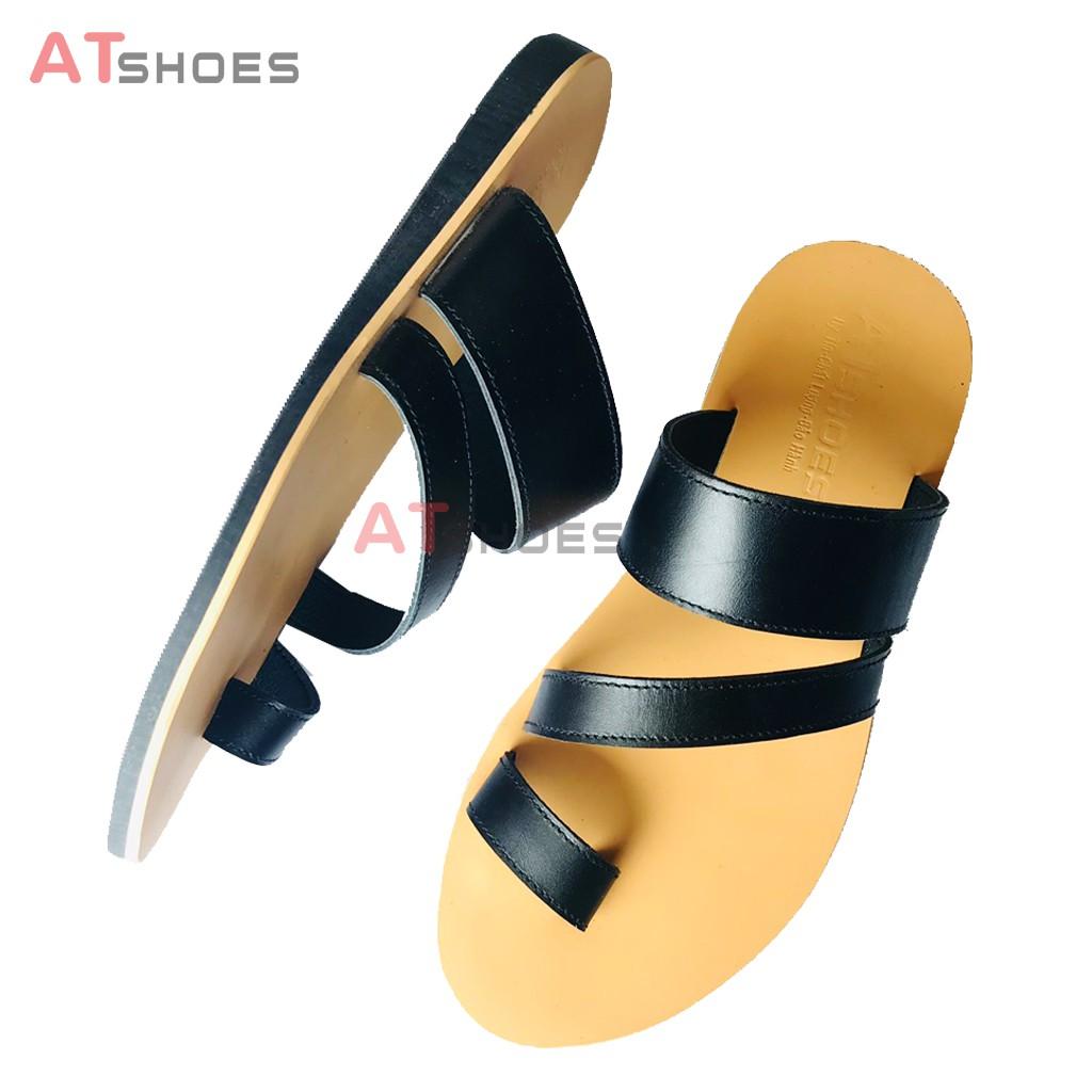 Dép Sandal Dép Xỏ Ngón Da Bò Thật Sandal Xỏ Ngón Nam Nữ Trẻ Trung Đế Caosu Chống Nước XNSG22 (Đen - Đen đế vàng