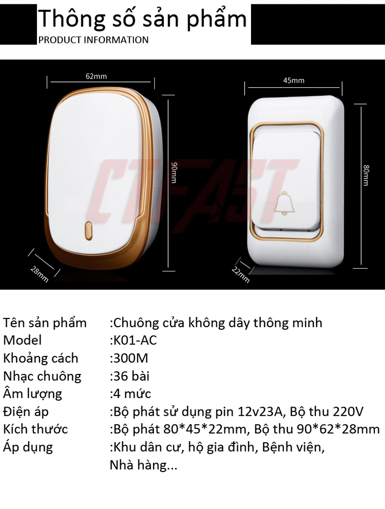 Chuông cửa không dây thông minh CTFAST CAZI - 01, chống nước, khoảng cách sử dụng hiệu quả 300 mét, 36 bài nhạc chuông - hàng chính hãng