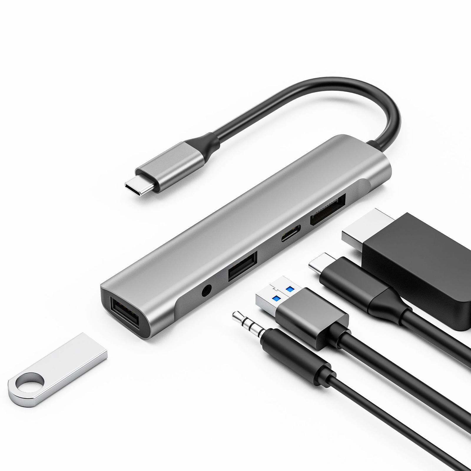 5 in 1 USB C Hub 2 USB 2.0 Ports 4K@60Hz DisplayPort 3.5mm Jack 60W PD Charger Multiport Adapters for Smartphones Tablets Desktop Headphones