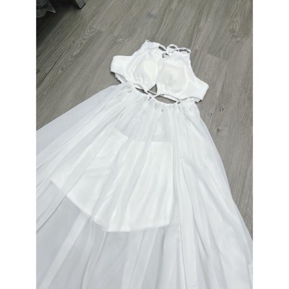 Đầm váy Maxi voan lót lụa xẻ tà khoét ngực cổ yếm cột dây trắng đi biển dự tiệc dạo phố bigsize gợi cảm sexy
