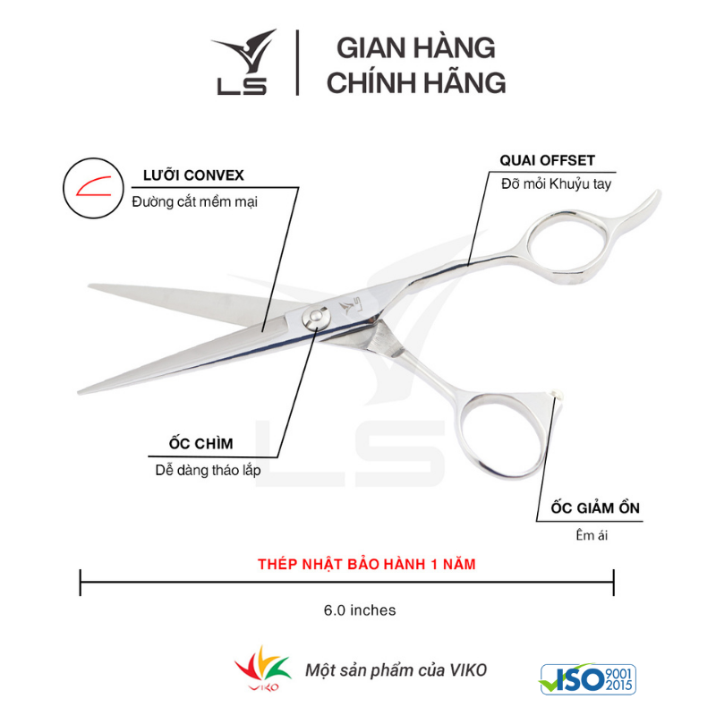 Kéo cắt tóc LS lưỡi thẳng quai offset vênh đỡ ngón cố định JP602