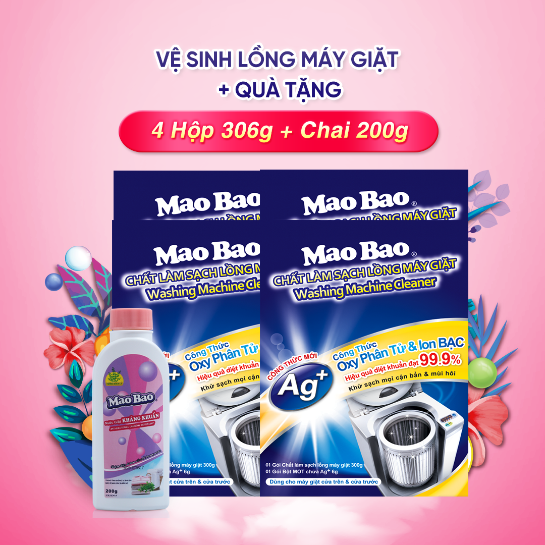 Combo 04 Hộp Chất Làm Sạch Lồng Máy Giặt Mao Bao - Tặng Chai Nước Giặt Kháng Khuẩn Mao Bao